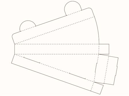 Коробка лоткового типа в форме треугольника с фиксирующими язычками на крышке (чертеж развертки)